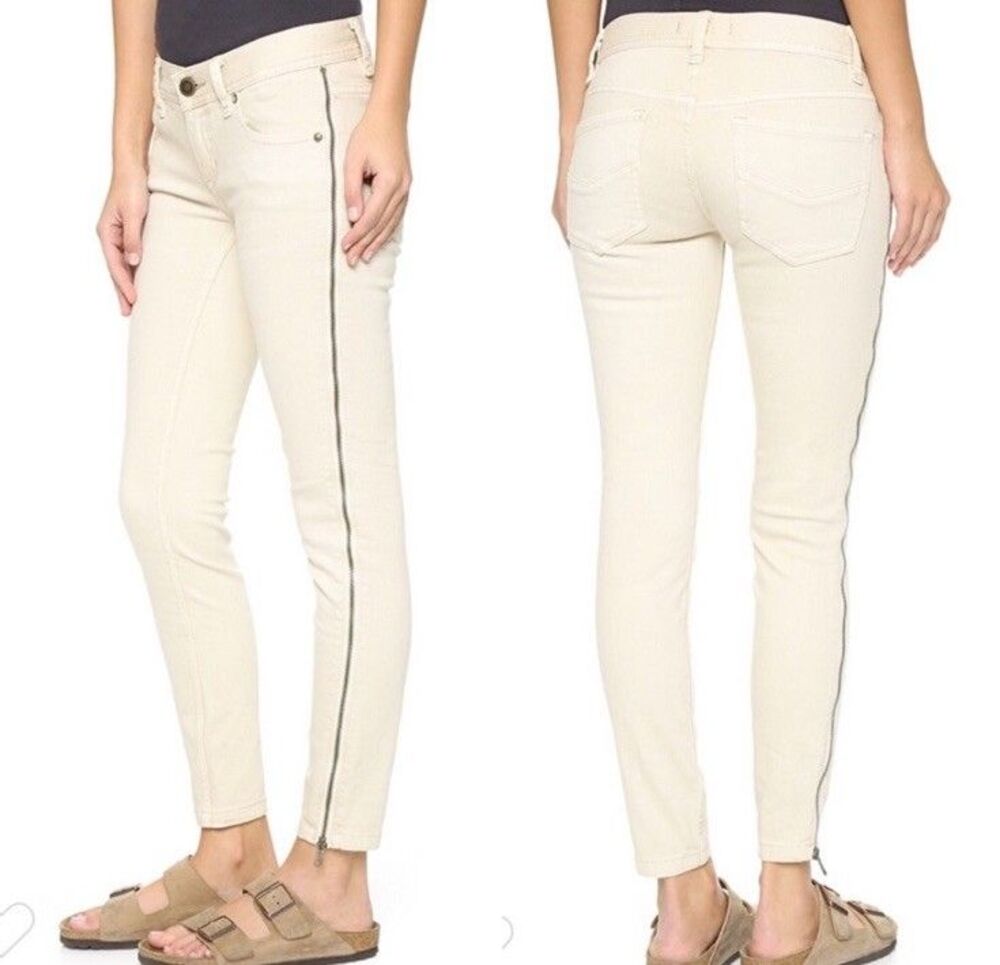 Free People Levon Zipper Skinny Jeans Sz 29 (32x27) Bone/Cream Moto Full Leg Zip